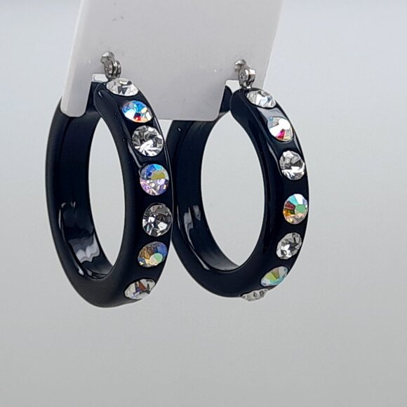 chunky black color Lucite Acrylic wide 1.5 Hoop Latch Back Fashion Earrings - Picture 2 of 4